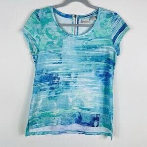 Chico's T-Shirt Small 0 4 Green Blue Short Sleeve Zip Back Crew Neck 100% Cotton
